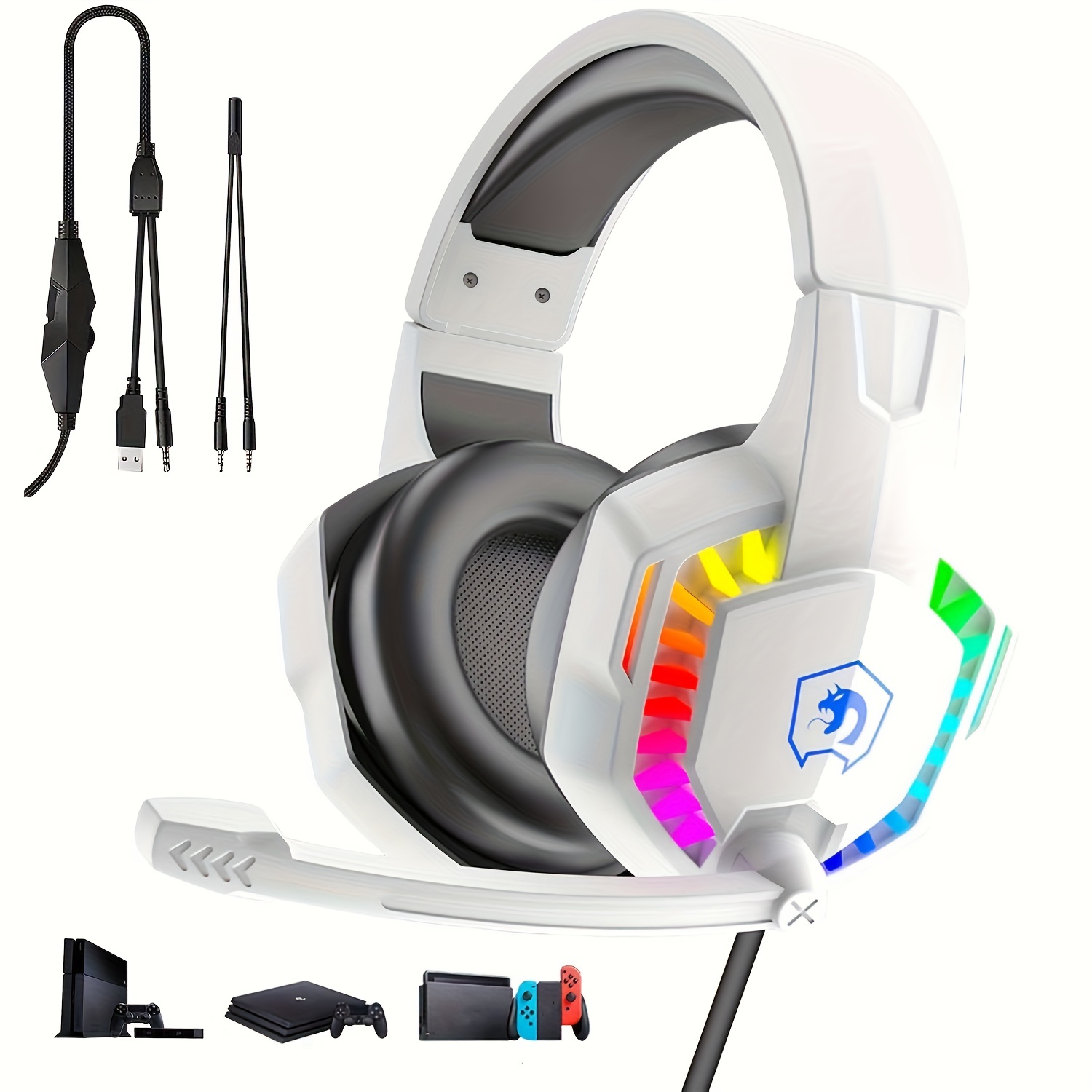 retractable noise isolating microphone stereo sound deep bass memory foam earmuff over ear headphone wired gaming headset with rainbow rgb backlight for ps4 xbox one switch pc mac gamer details 1