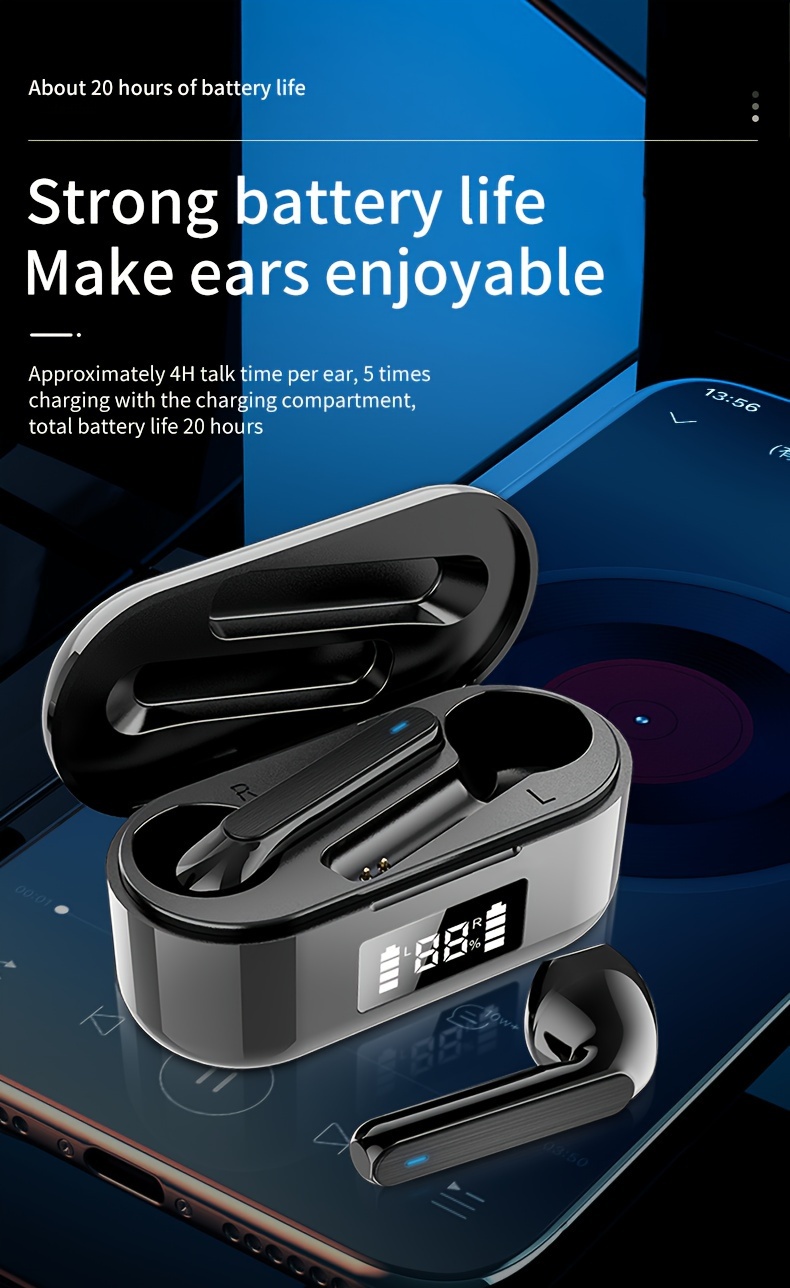 wireless earbuds automatic noise cancellation wireless charging extra bass compatible with iphone android details 4