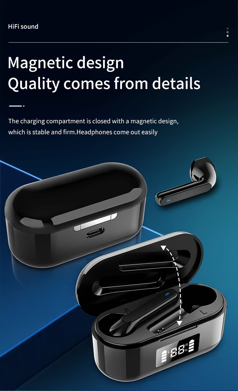 wireless earbuds automatic noise cancellation wireless charging extra bass compatible with iphone android details 5