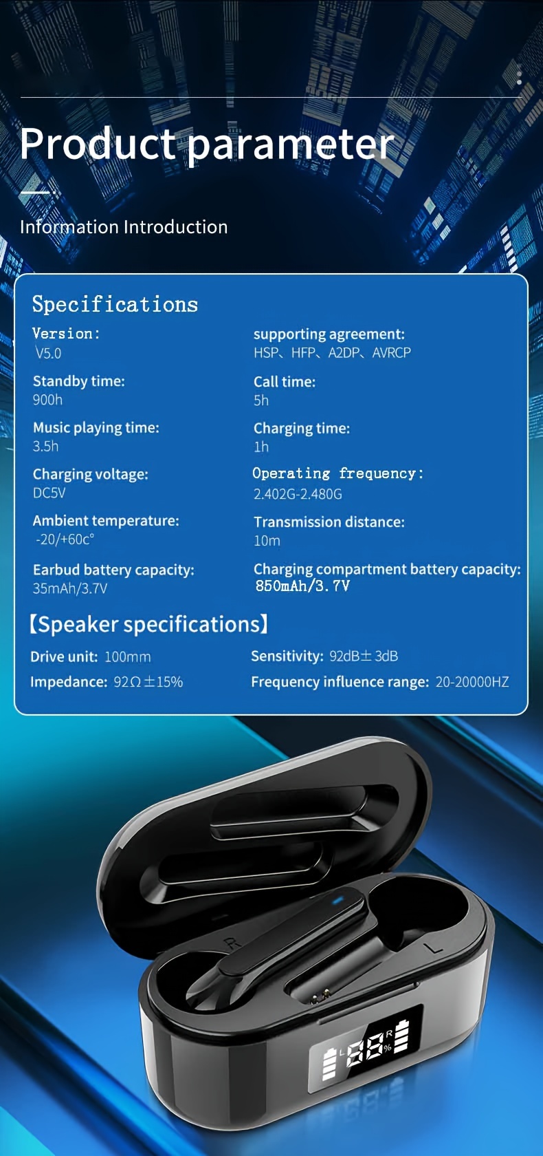 wireless earbuds automatic noise cancellation wireless charging extra bass compatible with iphone android details 8