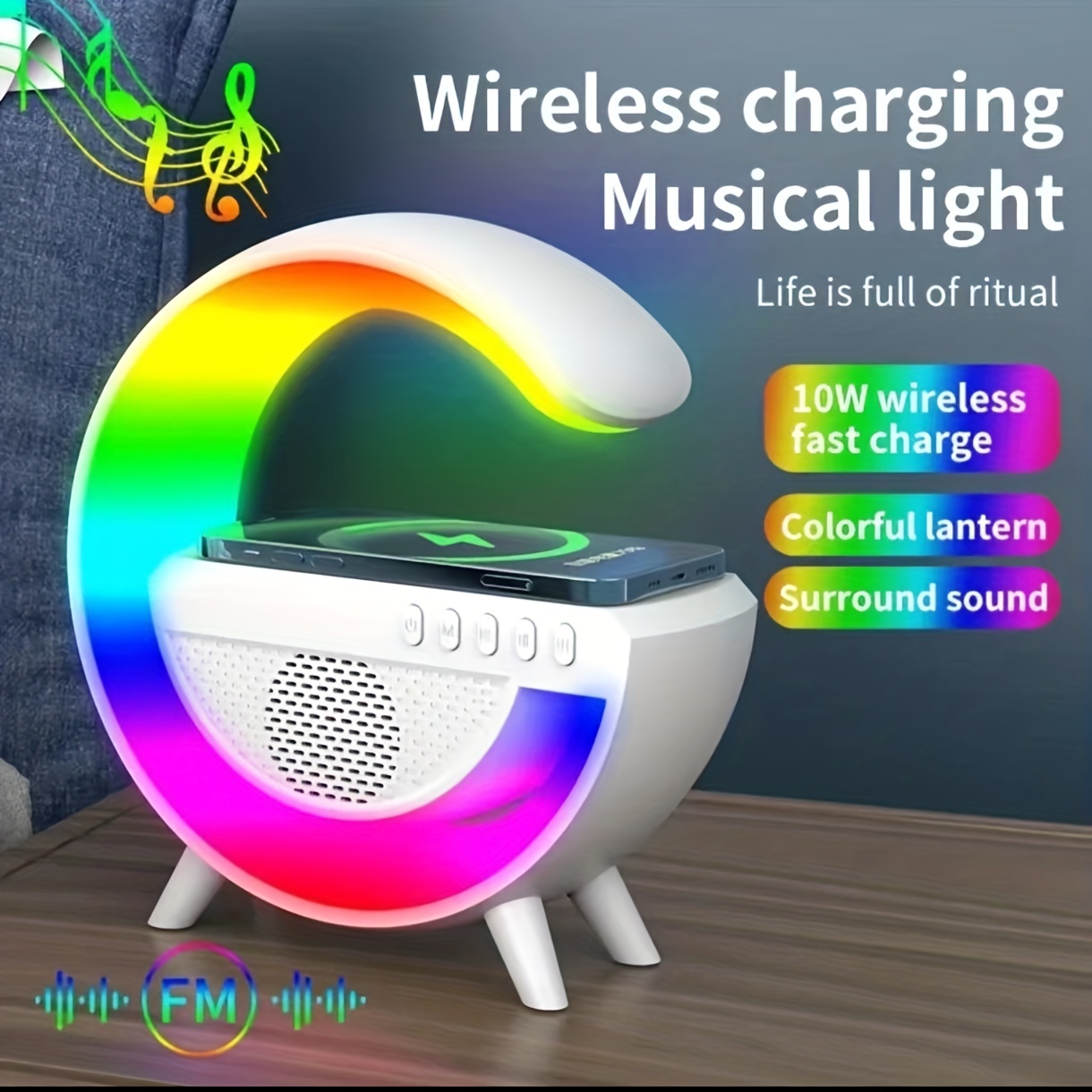 smart colorful rgb lamp night light with wireless charging for mobile phone creative speakers 3 in 1 bedside bedroom night light mobile phone watch wireless charger music speaker desktop decoration atmosphere lamp creative gift details 1