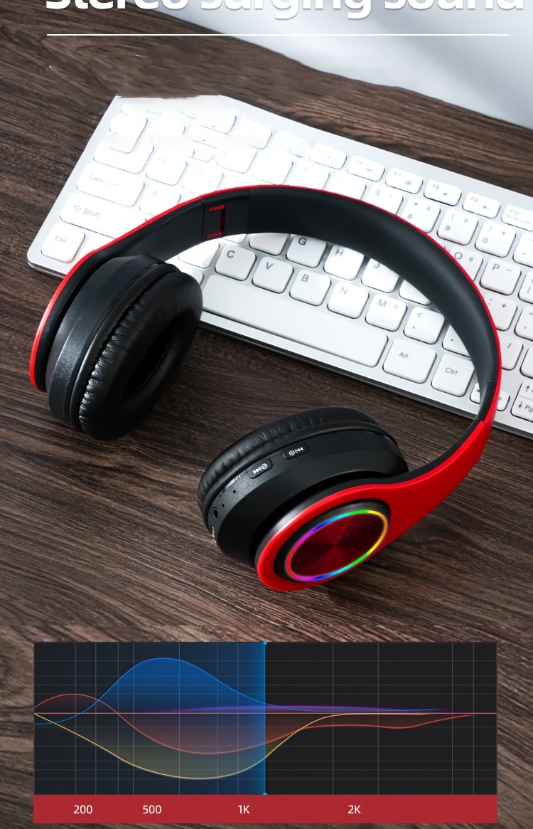 light emitting wireless headphones colorful led lights comfort over ear foldable headset with built in microphone fm sd card slot wired for school tablet computer pc tv cellphones travel gift for birthday easter details 5