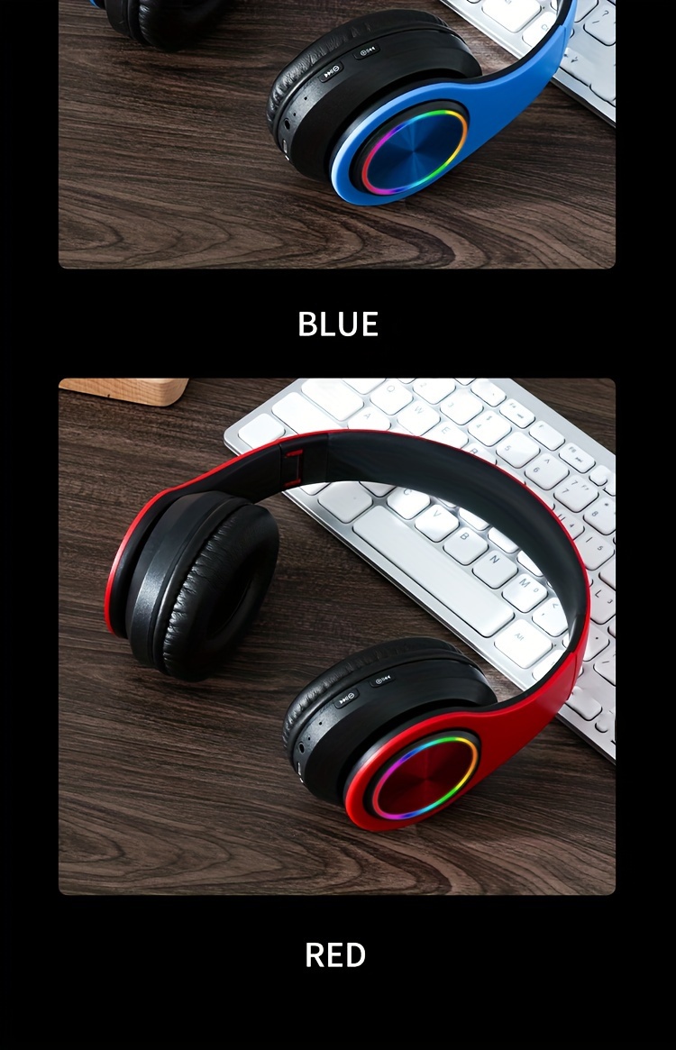 light emitting wireless headphones colorful led lights comfort over ear foldable headset with built in microphone fm sd card slot wired for school tablet computer pc tv cellphones travel gift for birthday easter details 14