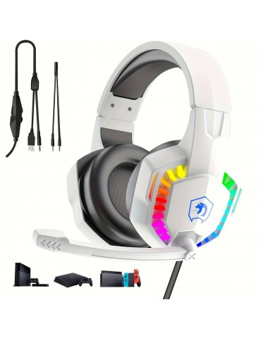 Retractable Noise Isolating Microphone Stereo Sound Deep Bass Memory Foam Earmuff Over Ear Headphone Wired Gaming Headset With Rainbow RGB Backlight For PS4 Xbox One Switch PC Mac Gamer