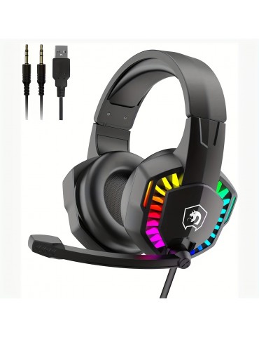 Retractable Noise Isolating Microphone Stereo Sound Deep Bass Memory Foam Earmuff Over Ear Headphone Wired Gaming Headset With Rainbow RGB Backlight For PS4 Xbox One Switch PC Mac Gamer