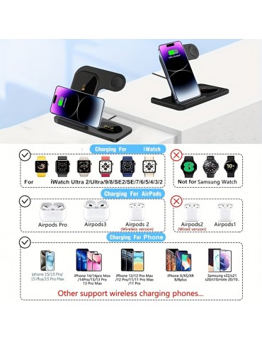 Wireless Charging Station For IPhone Multiple Devices Foldable 3 In 1 Fast Charger Station Stand Dock For IWatch Series 8, 7, 6, SE, 5, 4, 3, 2, Airpods Pro 3, 2, IPhone 14Pro, 14, 13, Pro Max, 13 ,12, 11 Pro, X ,Max ,XS, XR, 8