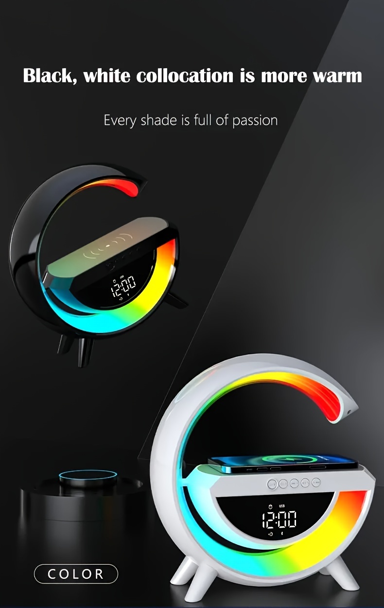 wireless speaker smart rgb light bar sunrise alarm clock to wake you up refreshed color changing timer alarm clock charger stand bedside lamp and speaker alarm clock simulates a sunset details 0