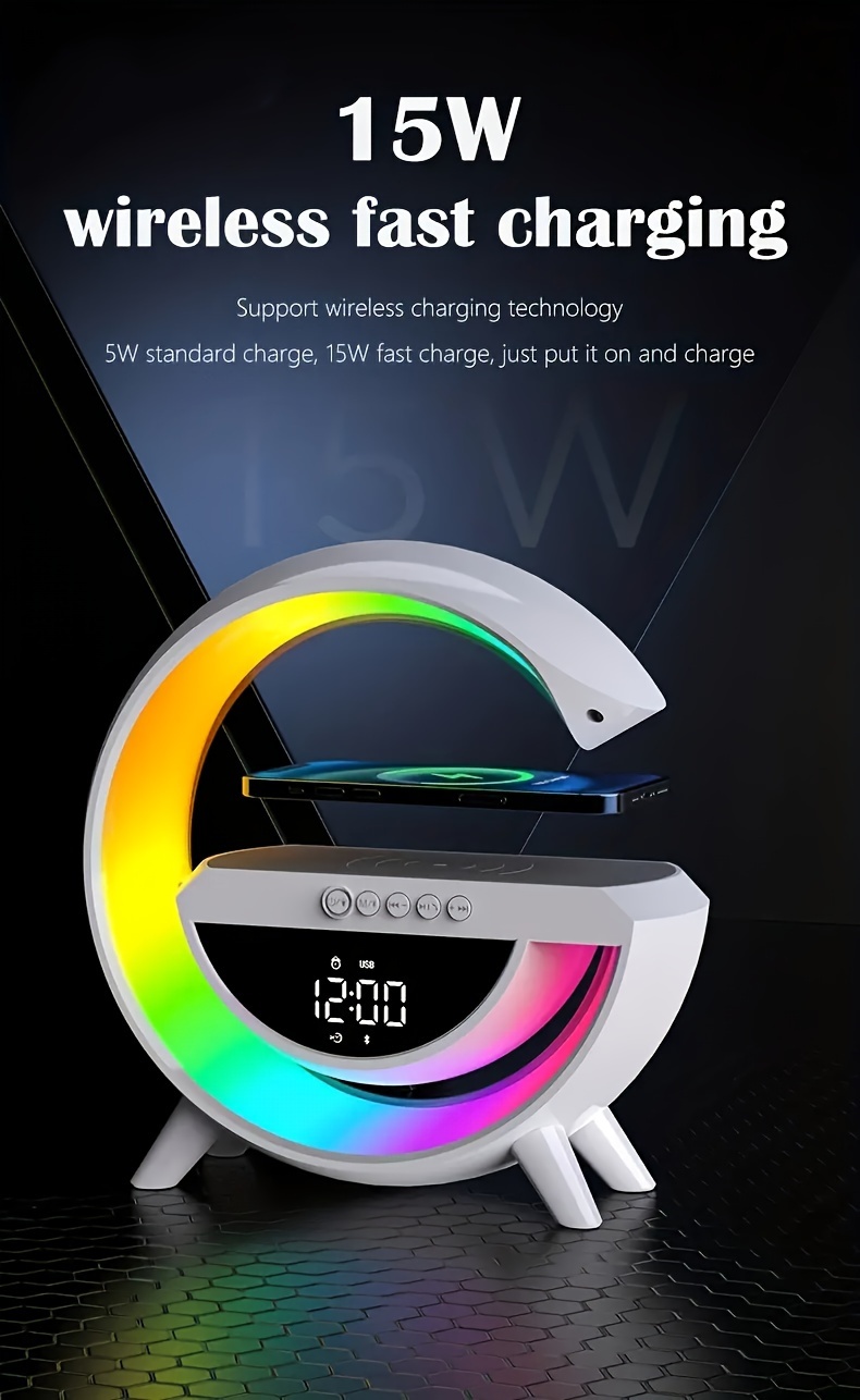 wireless speaker smart rgb light bar sunrise alarm clock to wake you up refreshed color changing timer alarm clock charger stand bedside lamp and speaker alarm clock simulates a sunset details 2
