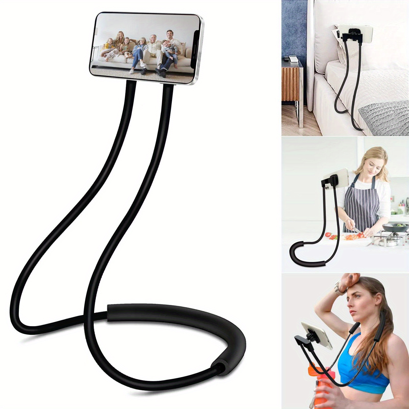 retractable neck hanging selfie pole stand adjustable 360 free rotation bracket universal desktop bed car lazy mobile holder details 1
