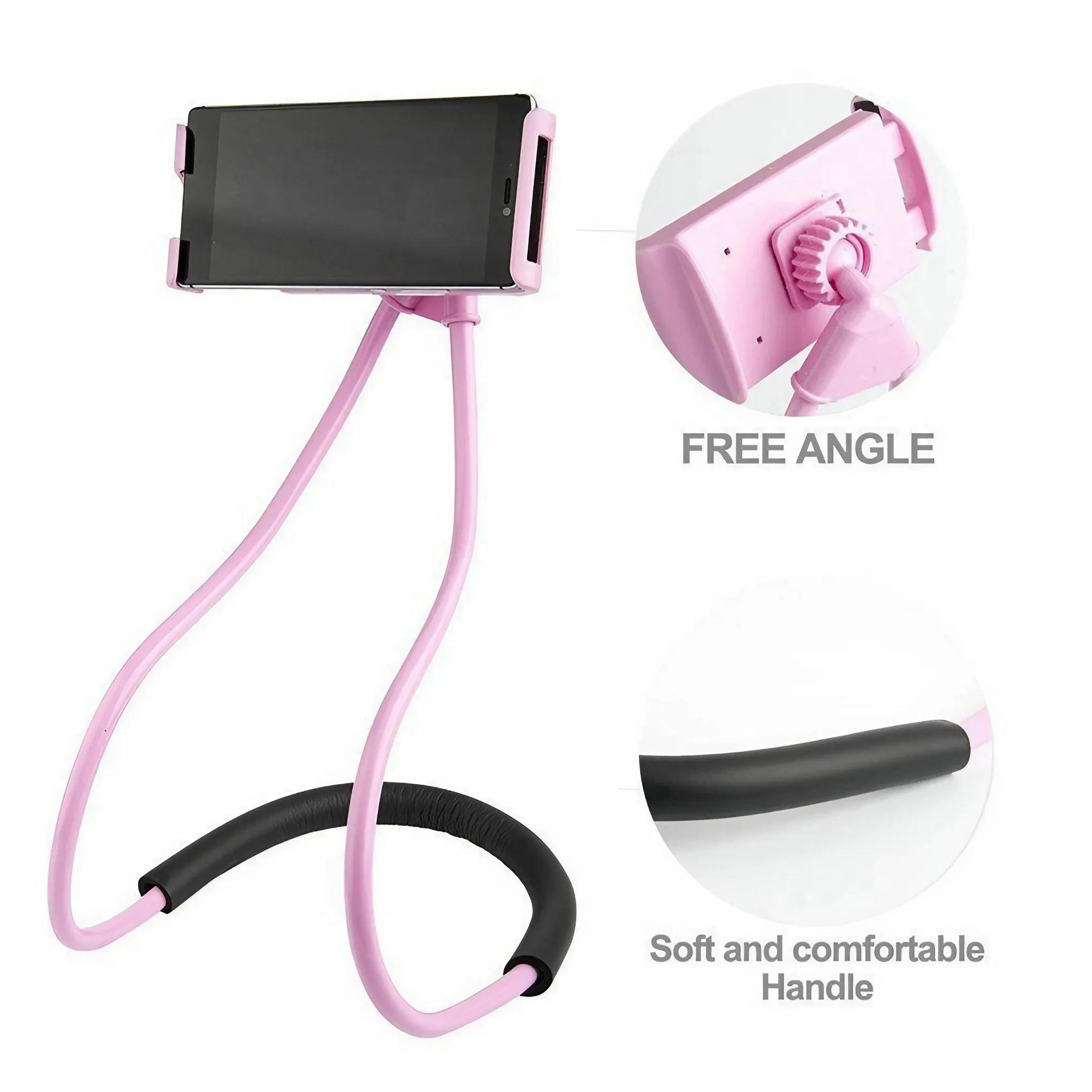 retractable neck hanging selfie pole stand adjustable 360 free rotation bracket universal desktop bed car lazy mobile holder details 4